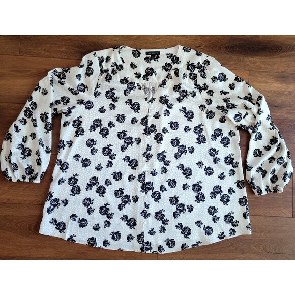 Lane Bryant Blouse Size 16 Button Up Black White Floral Balloon Sleeve Boho Top - Picture 9 of 16
